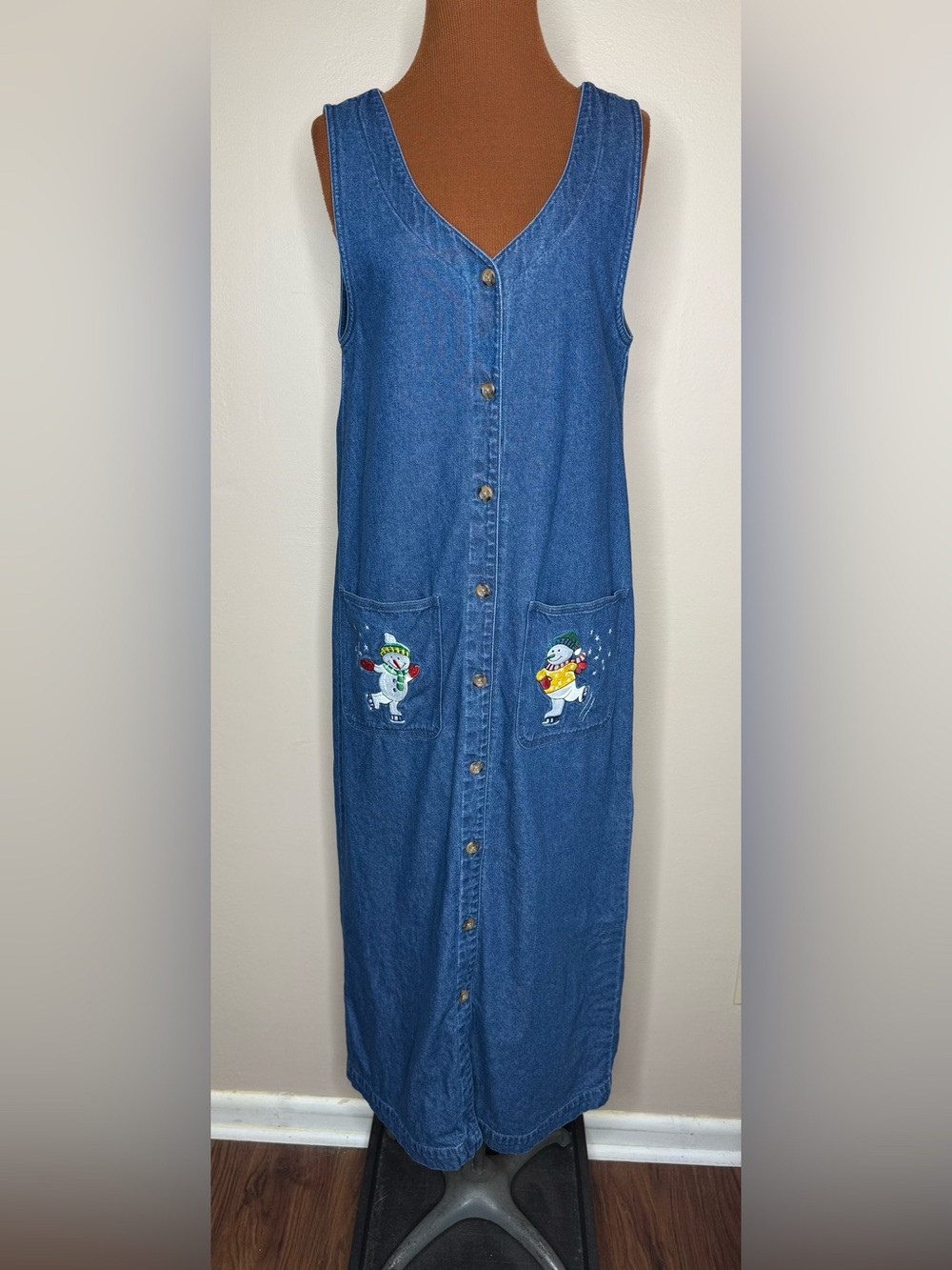 Westbound Petites Winter Blue Denim Jumper Embroidered Snowmen Size PS